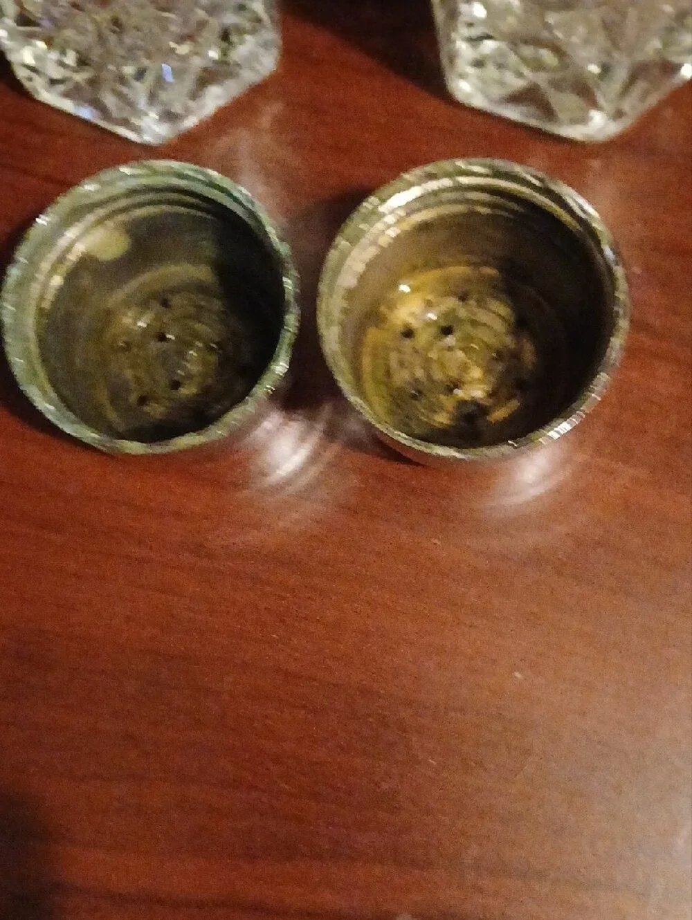 Cut Glass Salt and Pepper Shakers with Silver-Tone Lids
